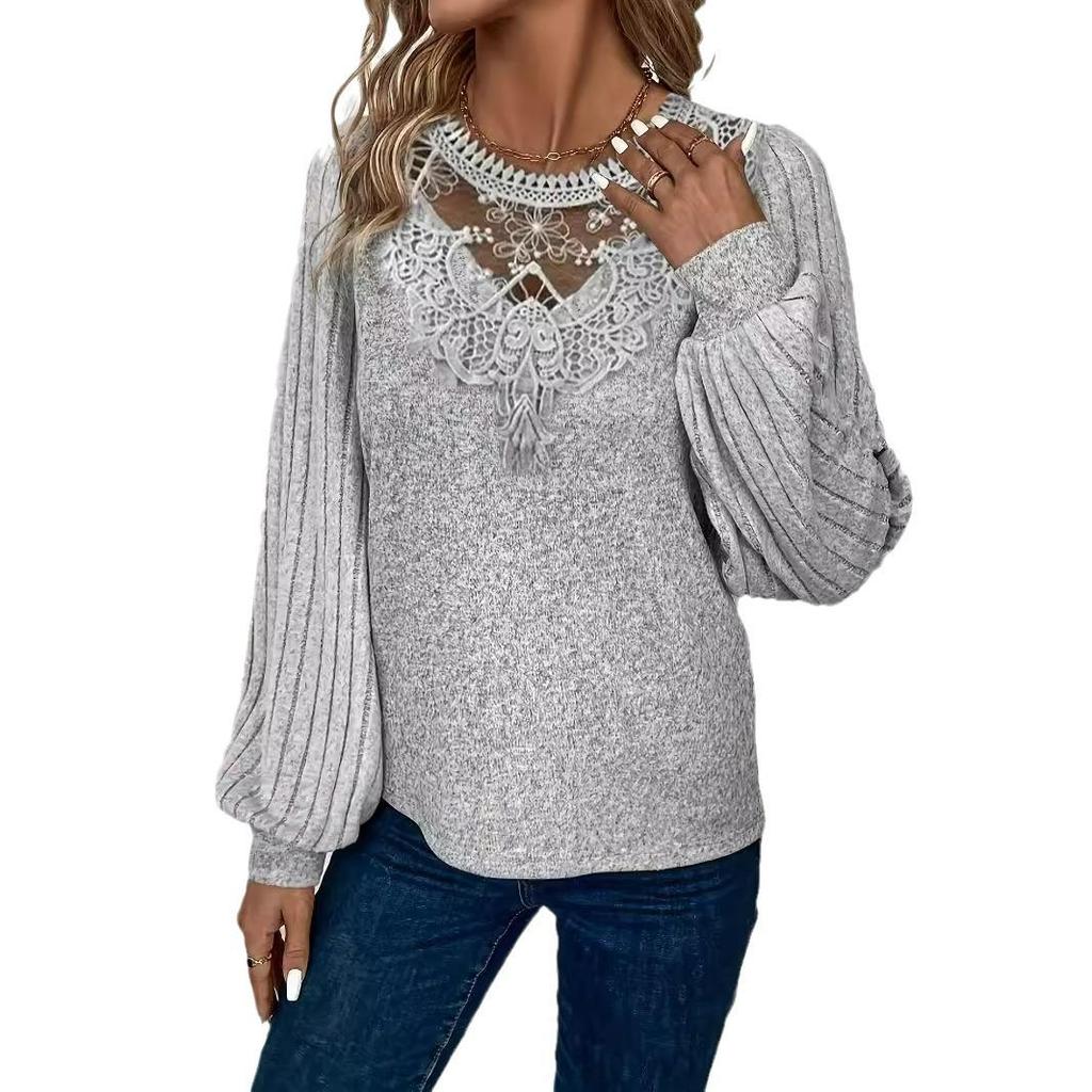 Pull Femme Automne/Hiver 2024 à Col en Dentelle Côtelée et Manches Raglan