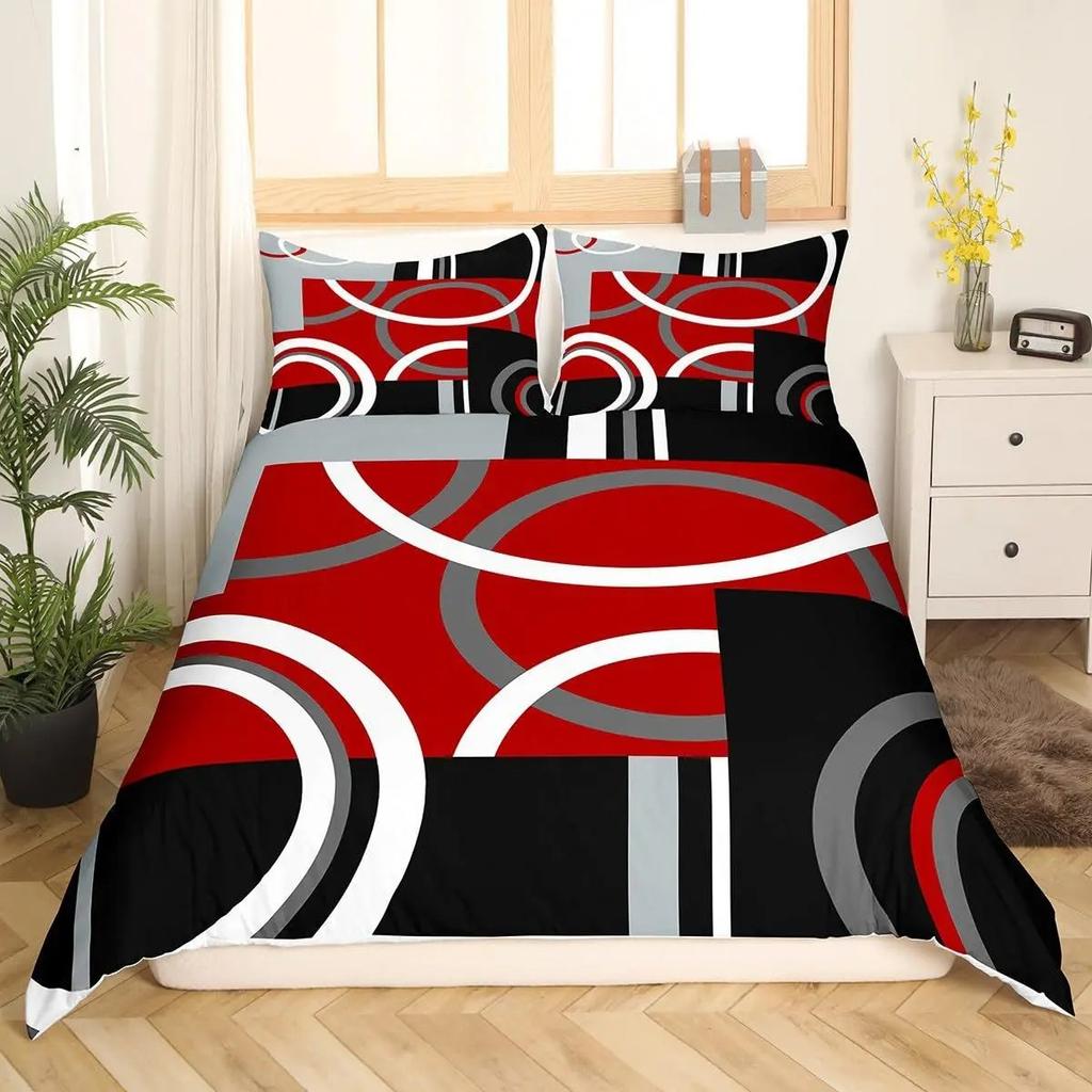 Abstract Geometric Curve Print Duvet Cover Set, Red Black White Modern Bedding Set, Soft Microfiber Quilt Cover With Pillowcases