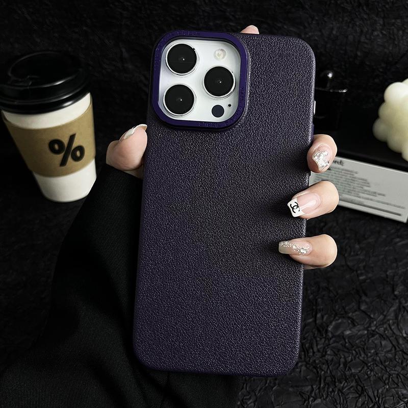 Matte Titanium gray Lichee leather pattern phone case for iPhone 16 15 14 13 12 11 Pro Max metal lens frame shockproof hard case