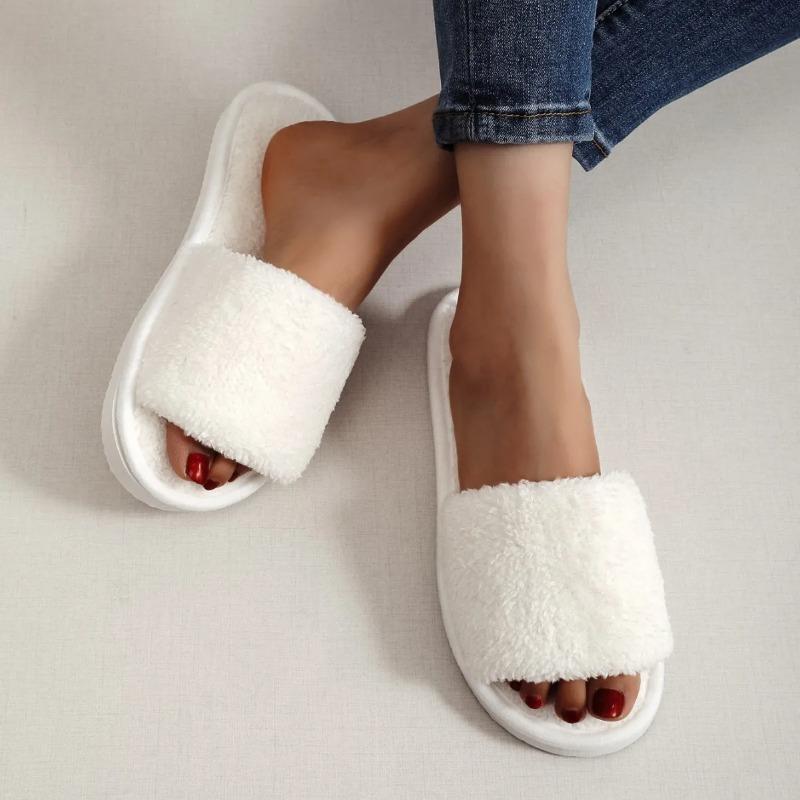 Four Seasons New Women's Home Slippers Slides Sandals Shoes White Fur Warm Plush Comfortable Lightweight Flat