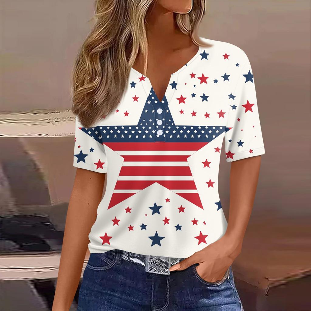 Women's T Shirt Tee Print Button Short Sleeve Daily Weekend Fashion Basic V- Neck Regular Top