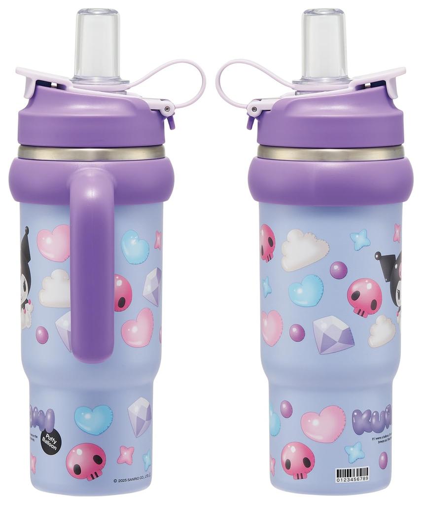 Brčko na pití pro bruslaře s přímým brčkem Sanrio Puffy Balloon Tumbler, 830 ml, Izolovaný, Studený/Horký, Rukojeť, 2-cestný, Na pití, Kuromi, Design, STSTB9-A