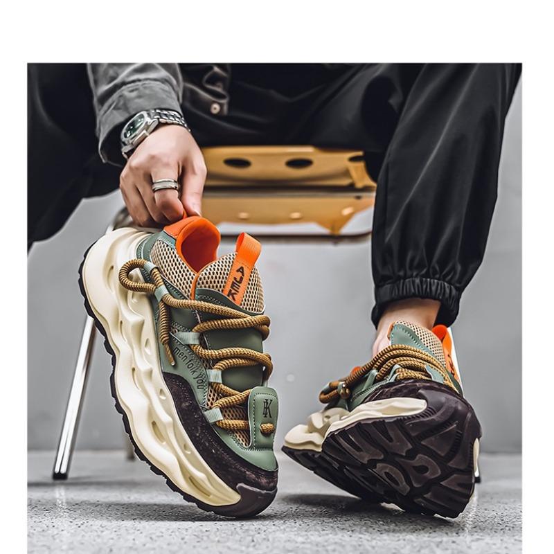 Men's Chunky Sneakers Thick Rope Lace Casual Shoes with Wavy Sole Mesh Accents