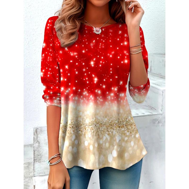 Women s Christmas Long-Sleeve T-Shirt Crew Neck Christmas Tree Print Casual Pullover Party Gift Versatile T-Shirt S