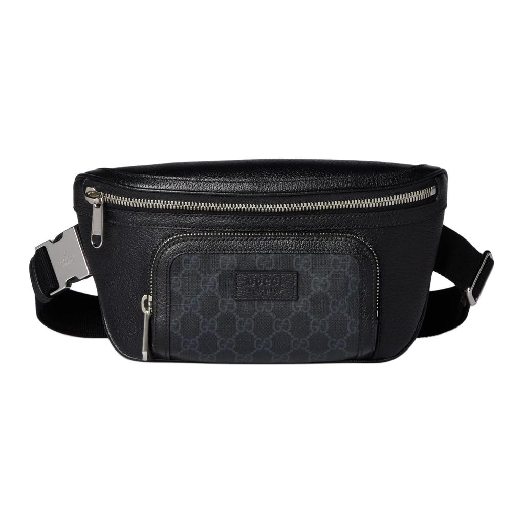 Gucci GG Supreme Black Leather Belt Bag Waist Bag With Silver Hardware For Unisex Daily Use