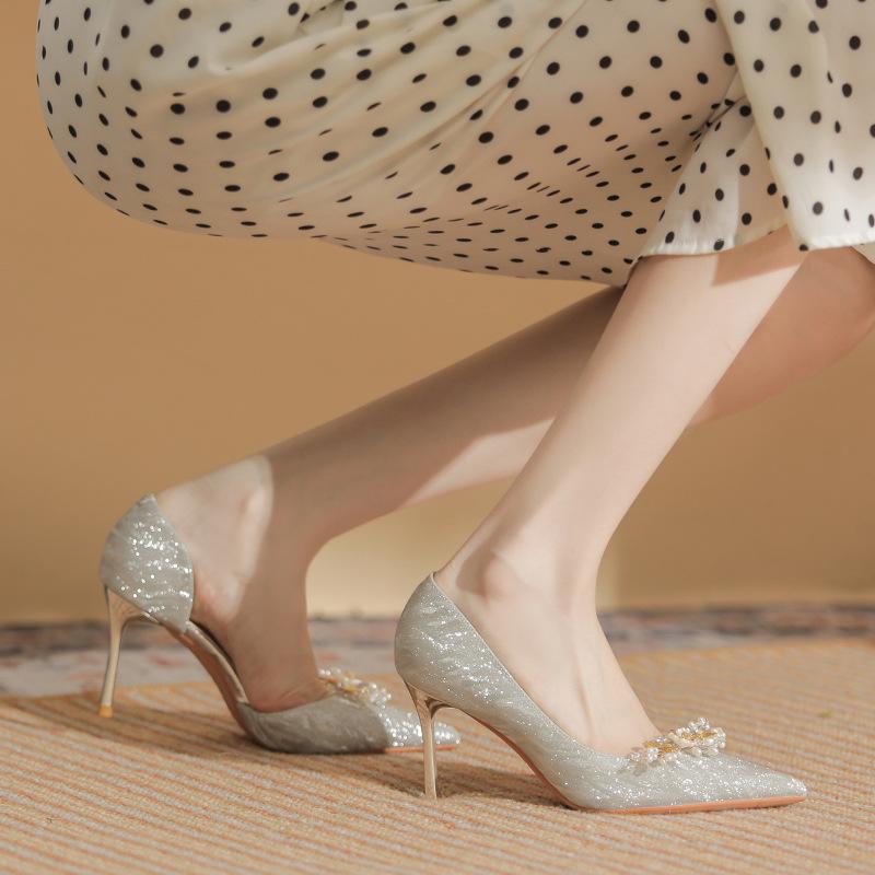 8335-3 High Heels Women's Stiletto 2025 New French Silver Crystal Wedding Shoes Pointed Side Empty Bridal Shoes