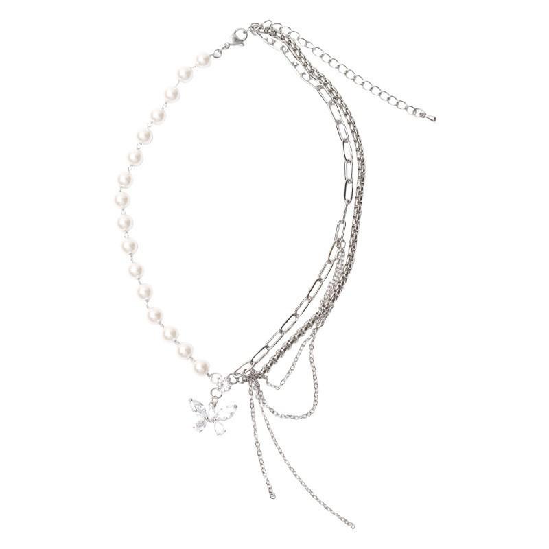 Super Divine Zircon Butterfly Patched Pearl Necklace - Sophisticated, Unconventional, Simple Long Tassel Chain Collar Necklace
