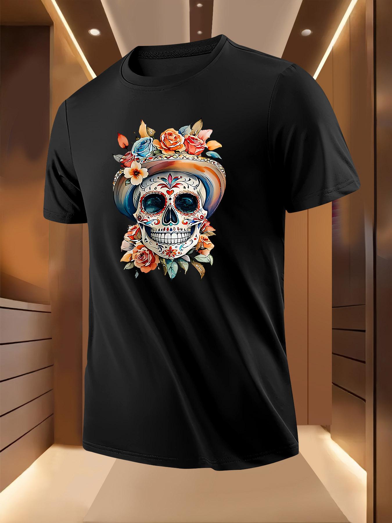 Summer Tshirt with Vibrant Skull Floral Print - Short Sleeve L