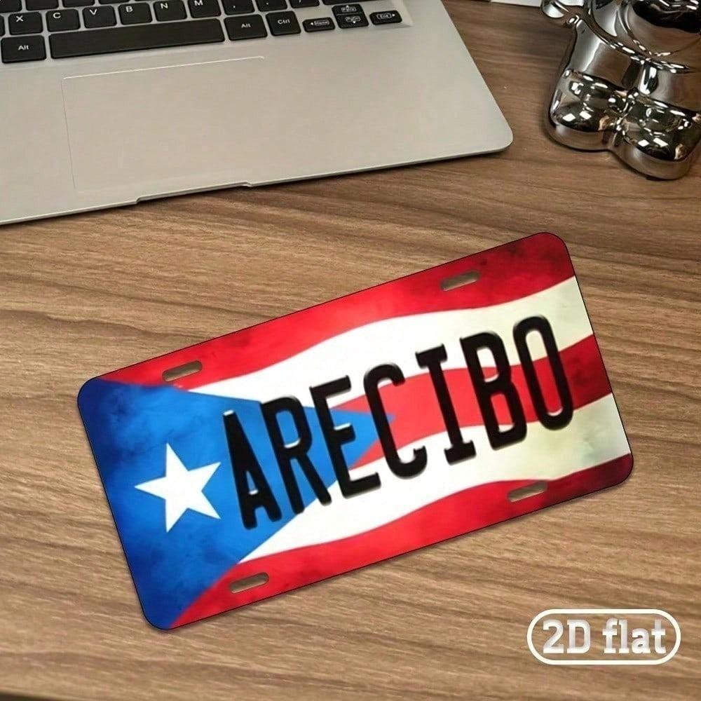 Vintage Puerto Rico Flag Arecibo License Plate Frame, Waterproof Aluminum Retro Car Tag Cover