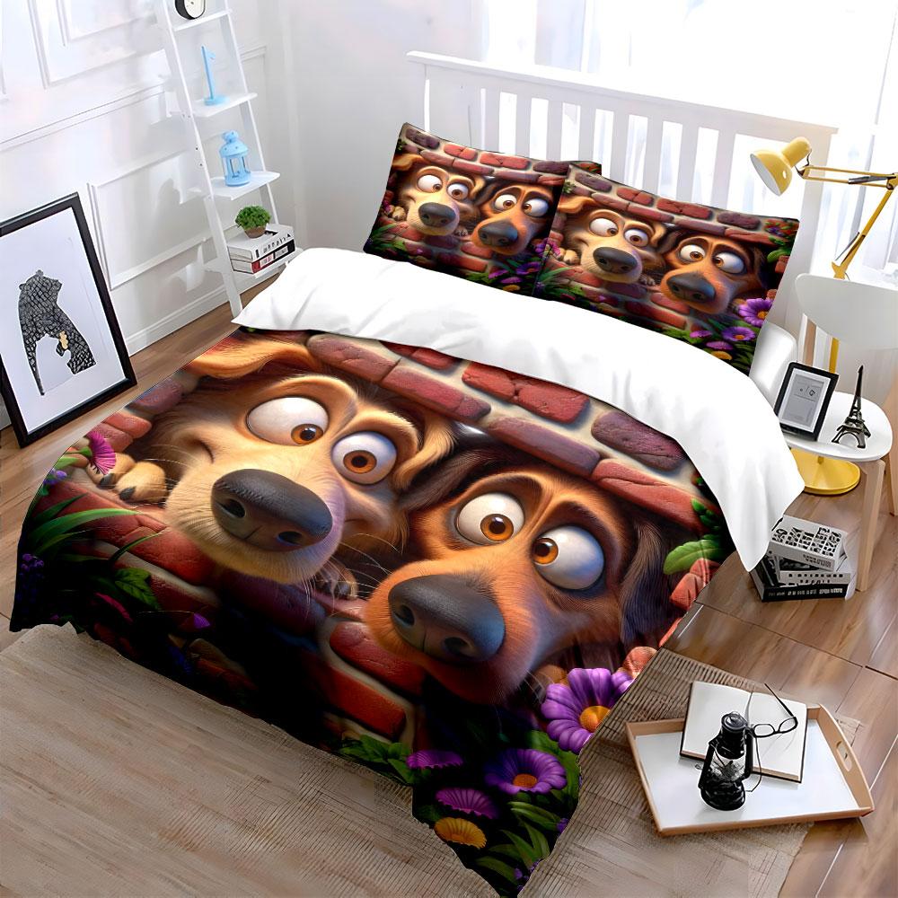 Whimsical Dogs Peeking Design Bedding Duvet Cover Set  (1*Duvet Cover 2*Pillowcases, without duvet insert)
