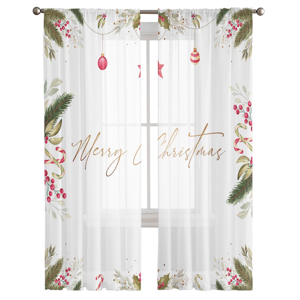 Christmas Leaf Berry Ball Flower Tulle Curtains Kitchen Door Curtain Chiffon Sheer Voile Christmas Curtains For Living Room