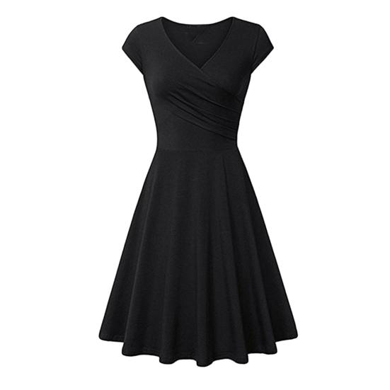 Fashion Women Solid Color V Neck Short Sleeve Plated Swing Party Banquet Dress