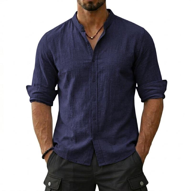 Nuevas Camisas de Algodón y Lino para Hombre Casual Lujo Hawaianas Ligeras Manga Larga Henley Camisas de Playa Camisetas para Hombre 2XL black