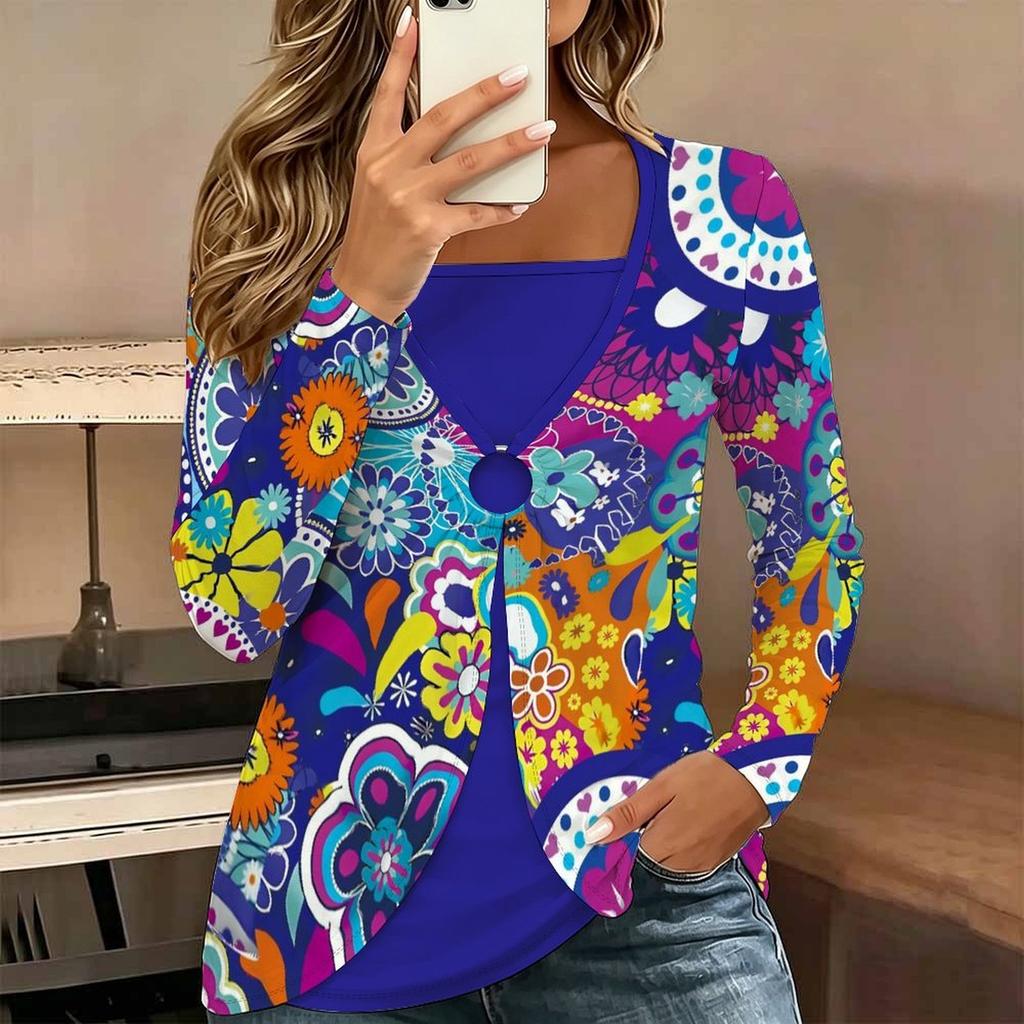 Tops for Women Floral Print Long Sleeve Fake Two‑Piece Top Fall Casual Slim Pullover Women's Long Sleeve Top