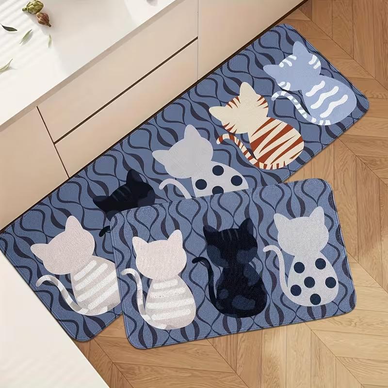 Cute Healing Cartoon Cat Line Up Kitchen Mat Non‑Slip Absorbent Runner for Kids Room Pet Area