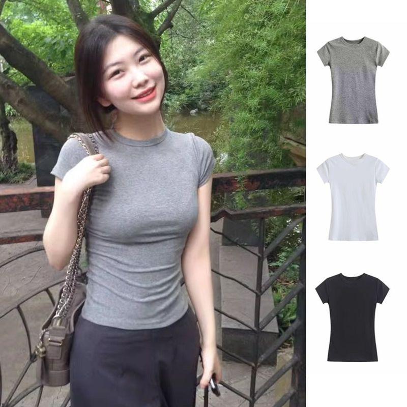 Sommer Pure Desire Slim-Fit Damen T-Shirt - Unifarben, Vielseitiges Kurzarm, Taillenformend, Trendiges Crop-Top