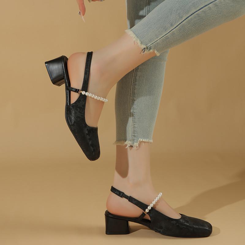 Fashion Women's Fashion Baotou Sandals Summer New Square Head Shallow Mouth Satin Beaded Slip-on Temperament Thick Heel Shoes