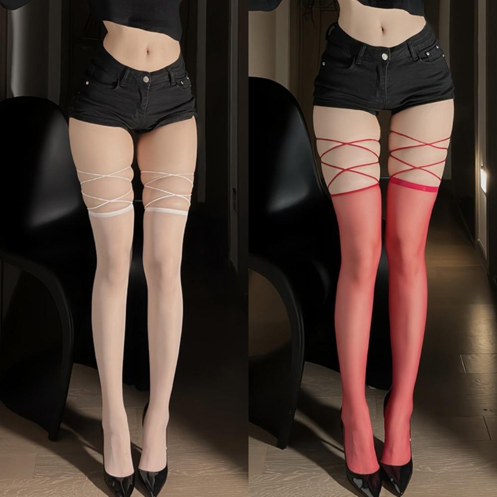 2Pairs Lolita JK Lace up Stocking Transparent Thigh High Stockings Chic Above Knee Stockings Party