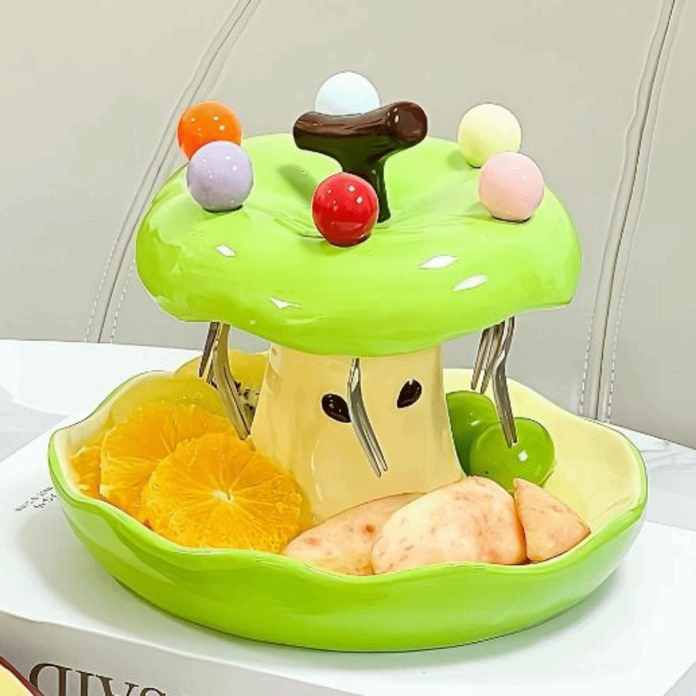 Creative Colorful Fruit Fork Plate Set Comfortable Grip Decorative Dessert Fork with Holder Household Ceramic Holder