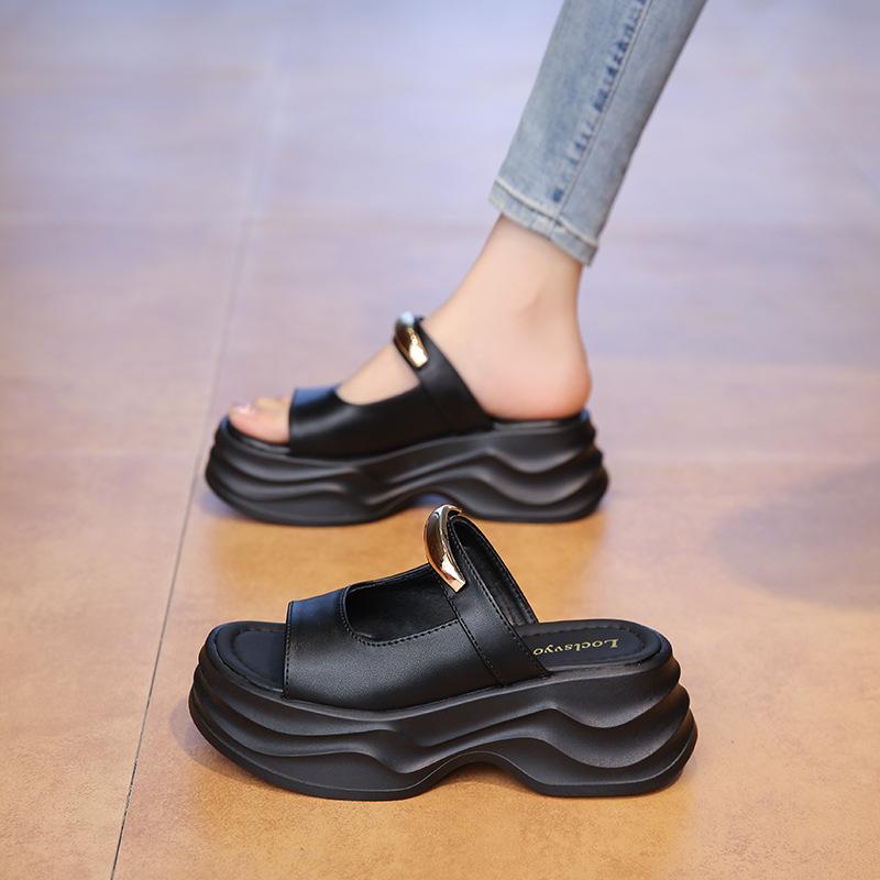 2025 Summer Explosion Comfortable Versatile Thick-soled Threaded High Heels Rear Zipper Waterproof Table Roman Thick-heeled Cool Slippers