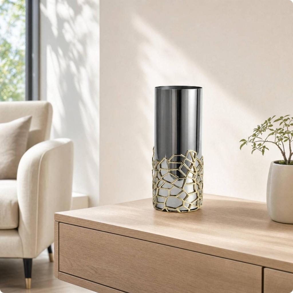 Cylindrical Vase Geometric Metal Metal-Like for Entryway, Dining Table
