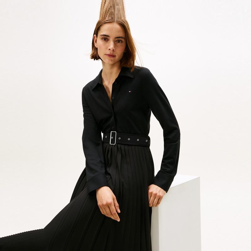Tommy Hilfiger Elegant Knitted Spliced Waist-Defining Slimming Pleated Skirt Long Sleeve Dress Women dresses WW0WW48398