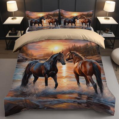 Three-Piece Bed Set, Xiyin 3D Digital Printing Polyester Polished Sunset Galloping Horse Quilt Cover