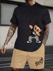 Men's Round Neck Casual Summer T-shirt with Cartoon Characters and Letter Patterns, Short Sleeves and Drawstring Shorts