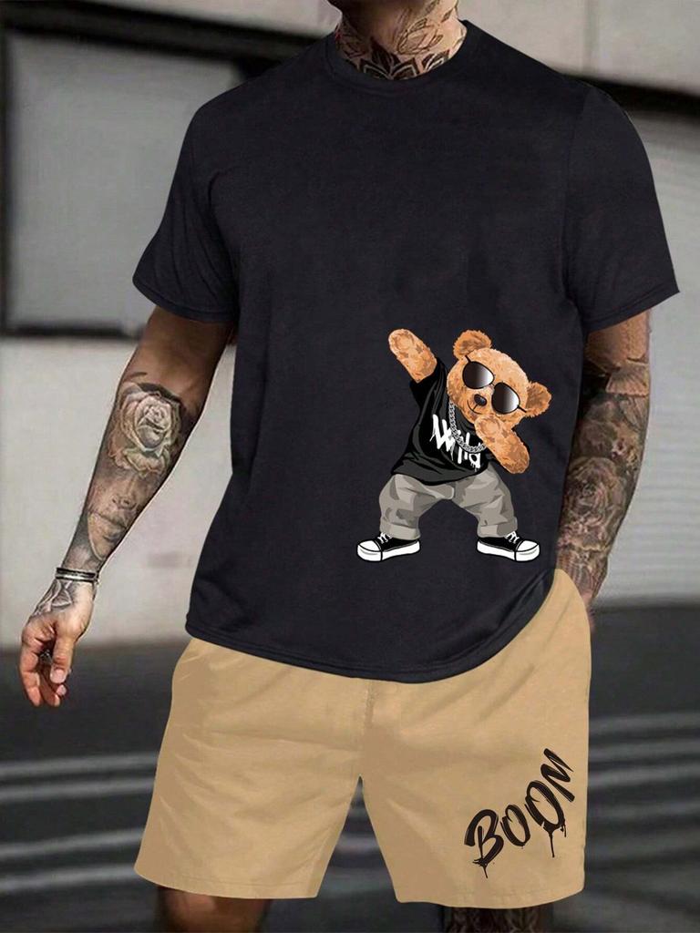 Men's Round Neck Casual Summer T-shirt with Cartoon Characters and Letter Patterns, Short Sleeves and Drawstring Shorts