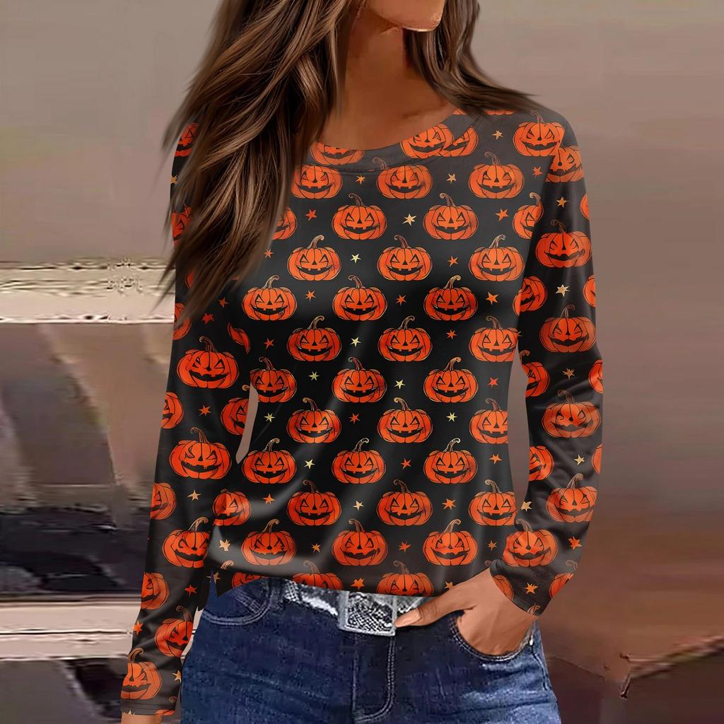 Women's Fashion Casual Slit Hem Round Neck Long Sleeve Loose Halloween Printed T-Shirt Ladies Top