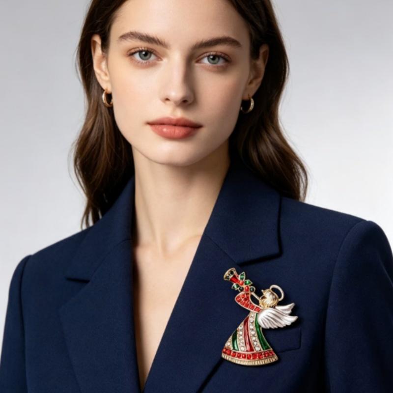Christmas Angel Brooch Sparkly Rhinestone Inlay Gold Plated For Holiday Outfits Festive Gifting