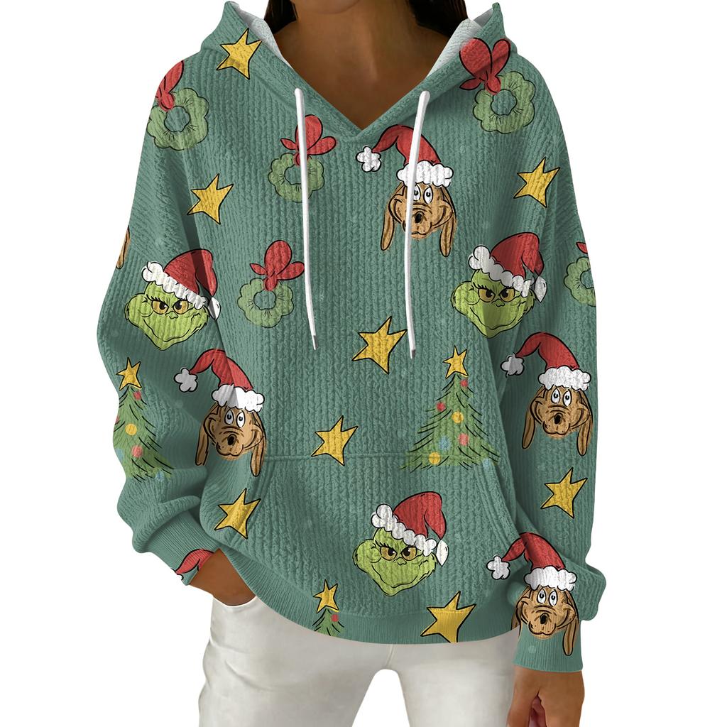 Women's Fashion Casual Christmas Print Pullover Long-Sleeve Hooded Sweatshirt
