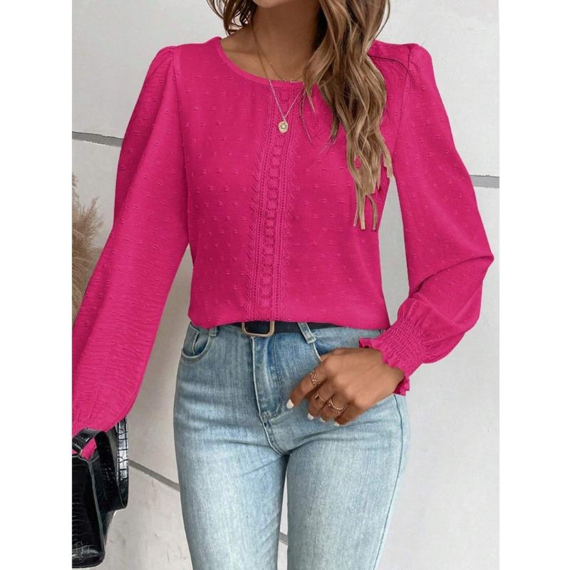 Women's Shirt Spring and Summer 2026 Round Neck Lace Casual Loose Women's Blouses Puff Sleeve Tops Vintage Elegant Solid Color Office Ladies Shirts