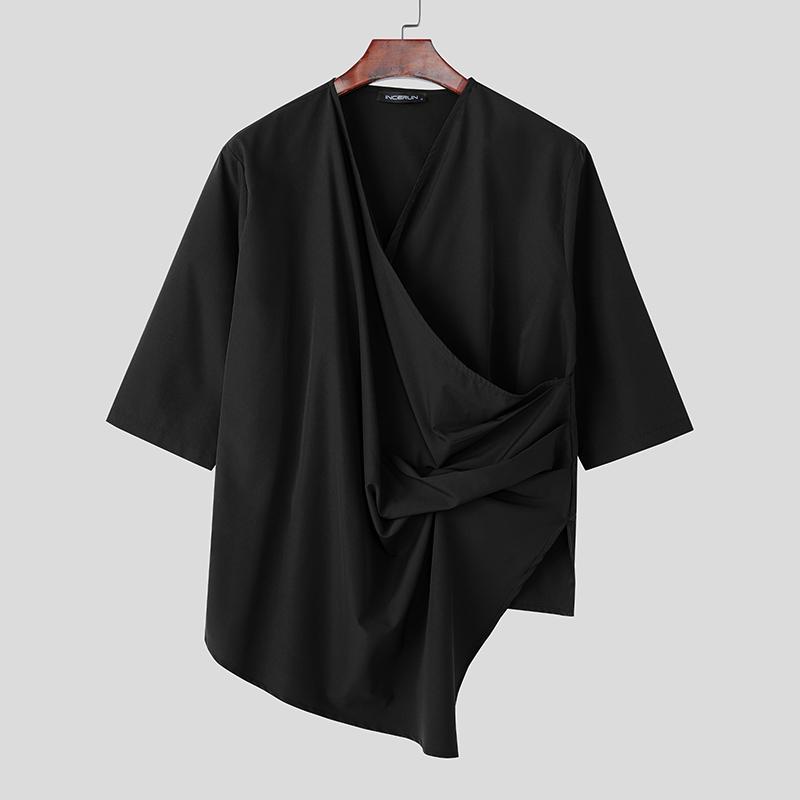 INCERUN Oversized Men V Neck Short Sleeve Solid Color Casual Loose Irregular T-shirts Tops