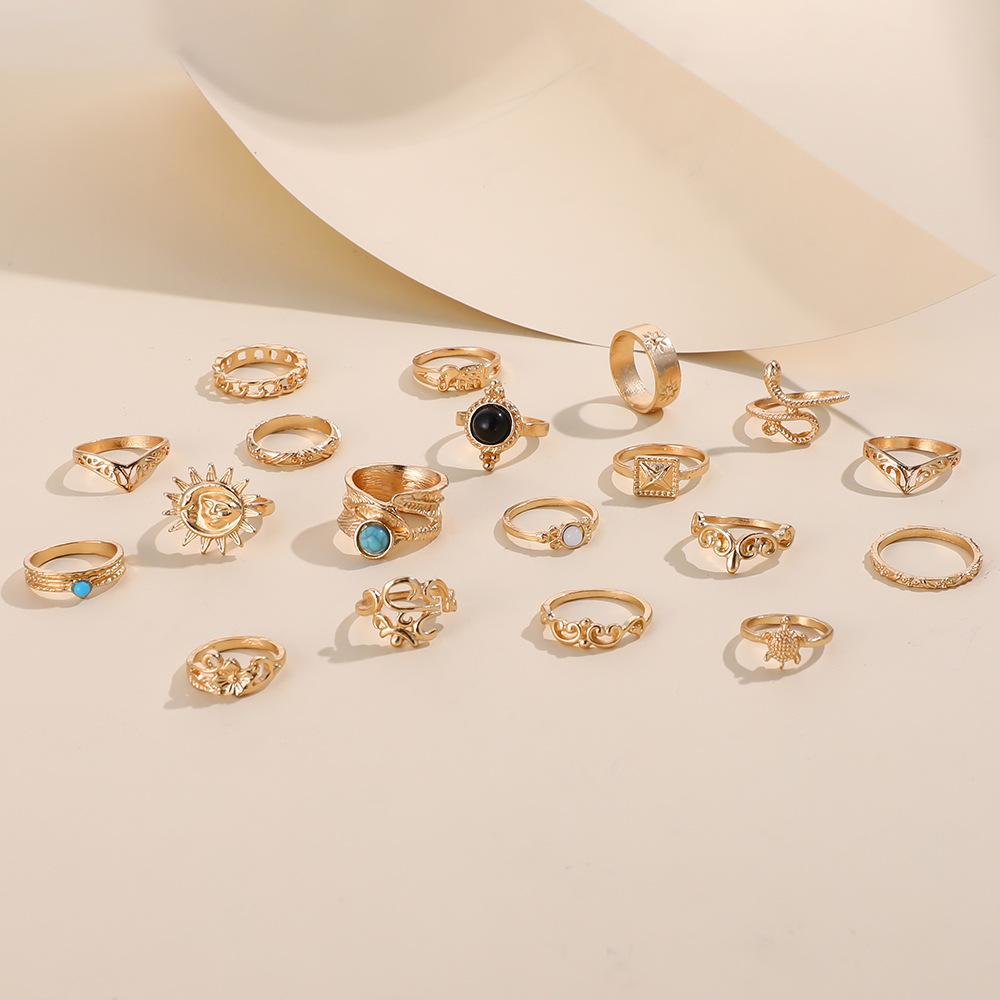 Cross-border Turquoise Ring Set Snake-shaped Turtle Fashion Black Hollow Elephant Combination 19-piece Set for Women