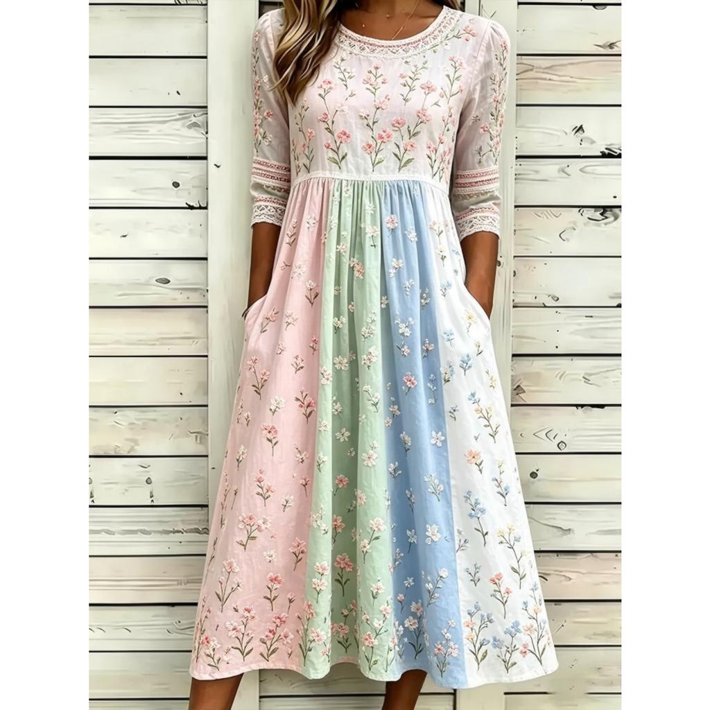 Women's Crew Neck Long Sleeve Loose Fit A-Line Midi Dress Casual 3D Floral Print