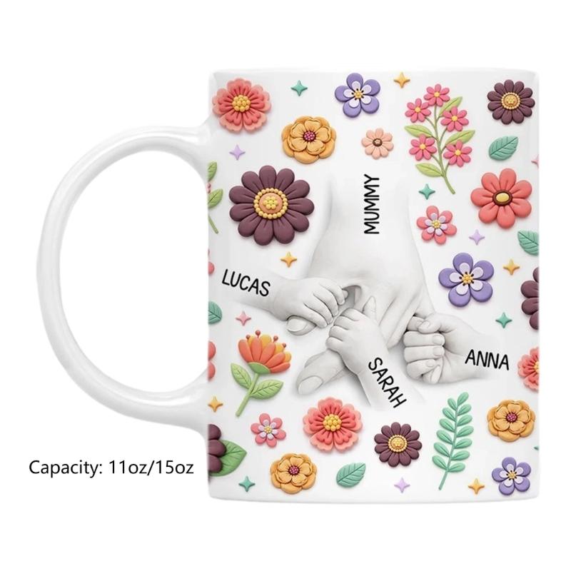 Artistic Florals Print Ceramic Mug Holding Mum Hand Designs Drinking Cup Great For Home Offices Or Cafes
