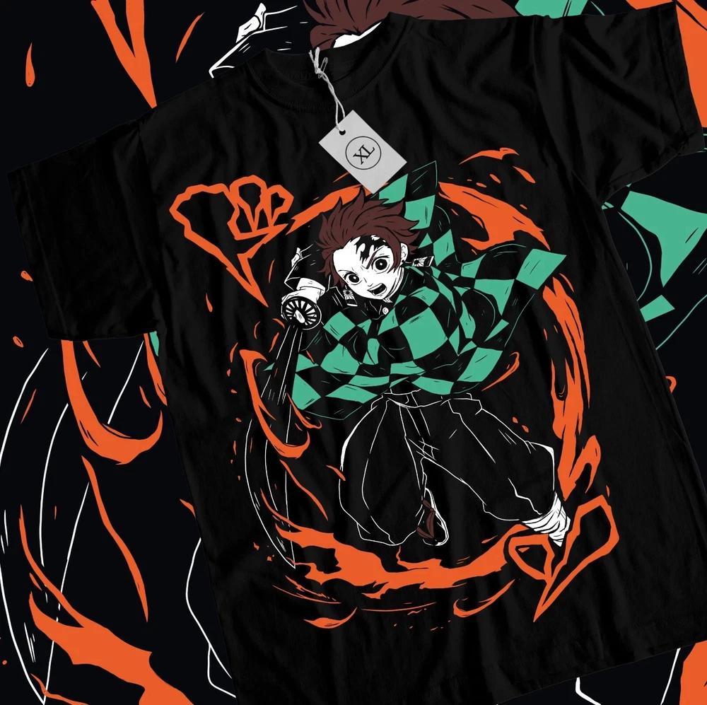 Anime Tanjiro Flame Demon Slayer Kimetsu No Yaiba Black TShirt S