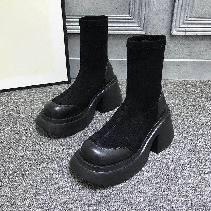 European station autumn and winter thick-soled heightening elastic boots women's versatile casual retro thick-heeled short boots tide