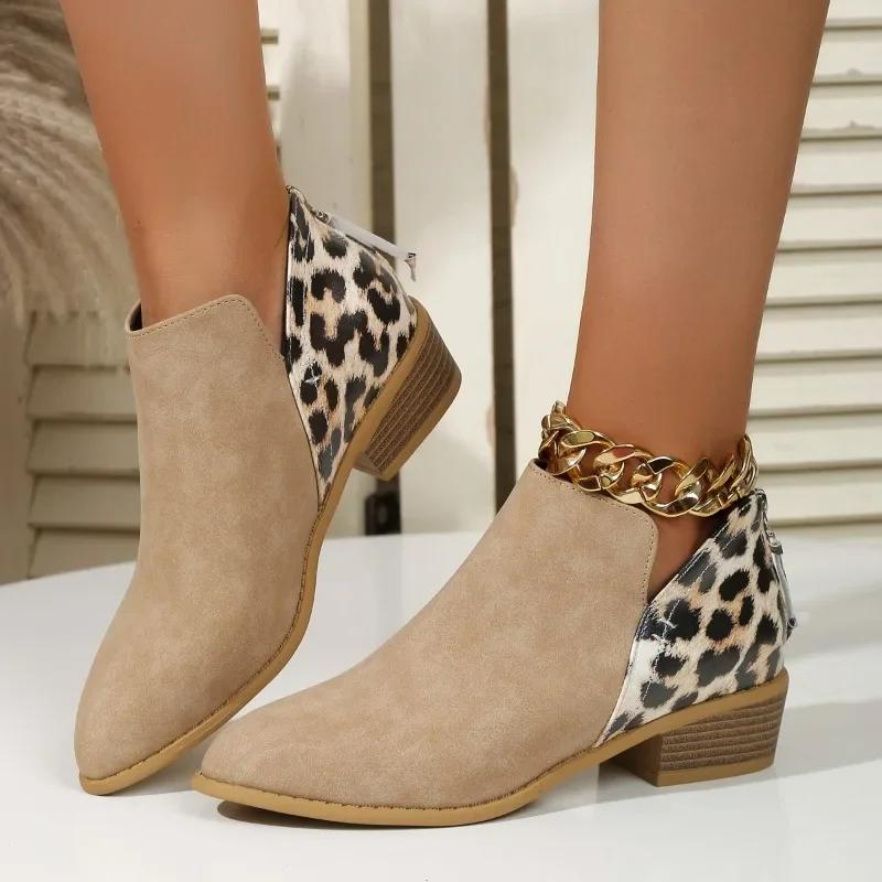 Fashion New Fashion Patchwork Leopard Ankle Boots Women Back Zipper Low Heels Short Boots Woman Autumn Pointed Toe Booties Plus Size