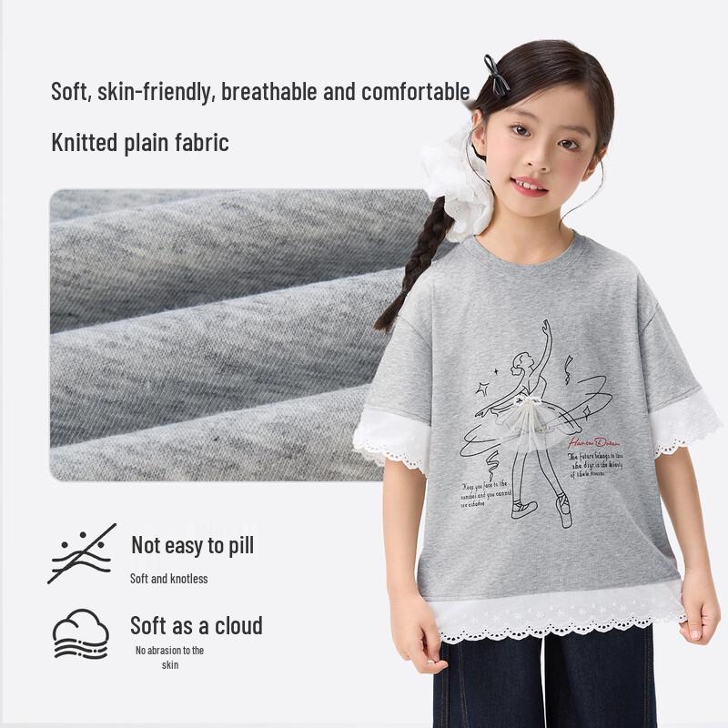 Girl's Classic Round Neck Printed T-shirt with Ruffle Trim