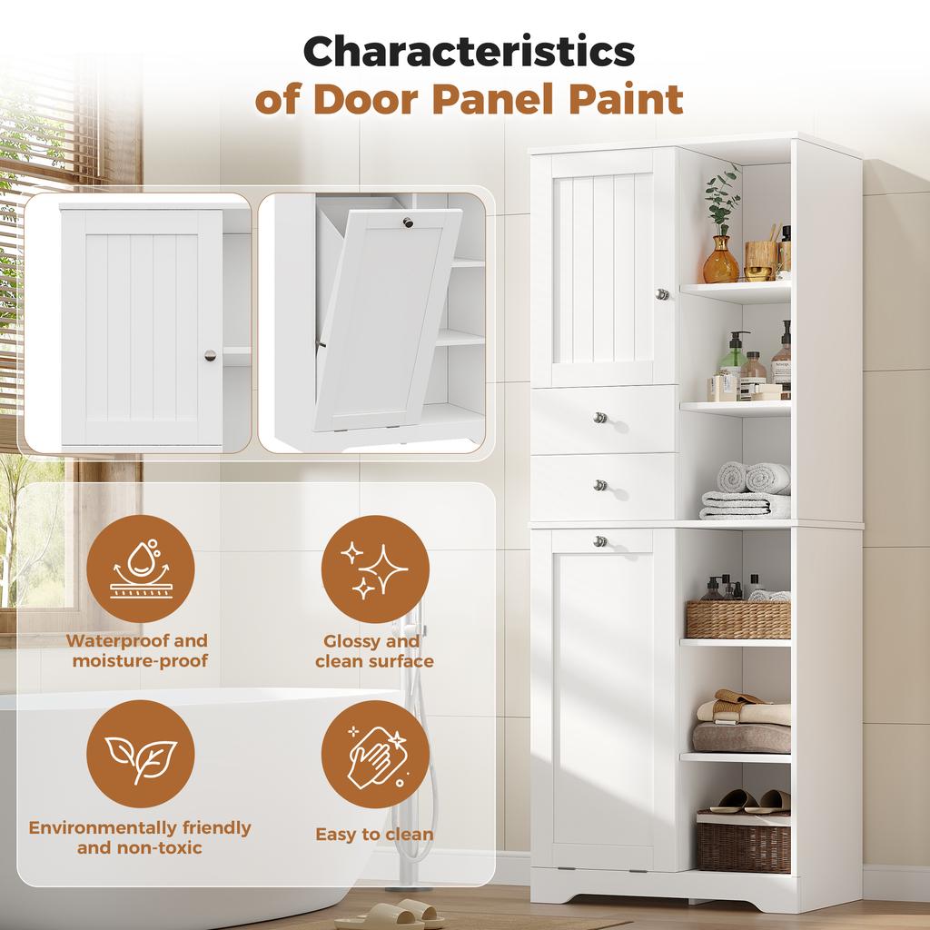 60×37×171 cm, Tall Bathroom Cabinet, MDF, 2 Drawers, Laundry Basket with Flap, Adjustable Shelves, Soft-Close Hinges, Tip-Over Protection, White.