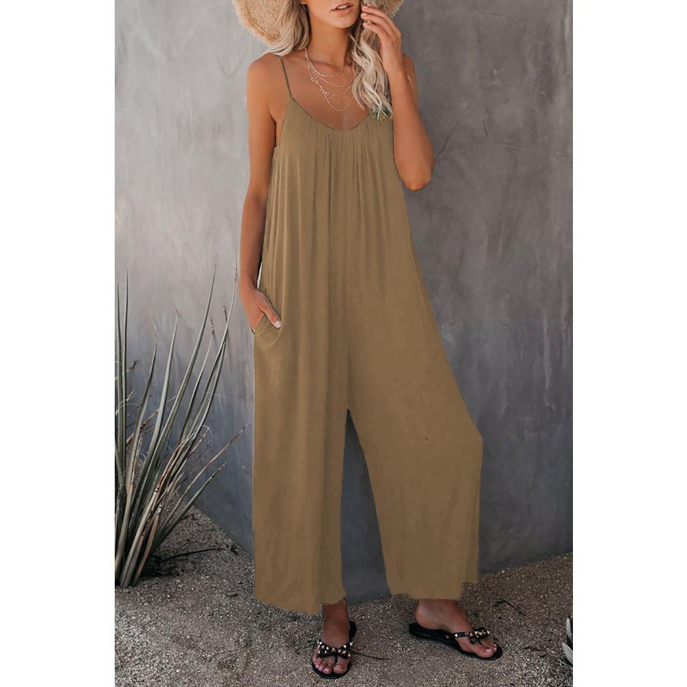 Women's V Neck Sleeveless Loose Fit Jumpsuit Solid Color Pocket Elegant Summer Polyester Wide Leg Romper