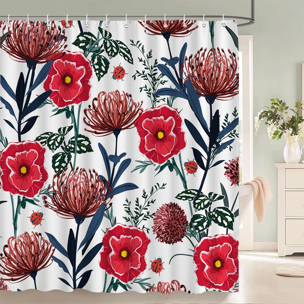 1 Pack of Watercolor Flower Plant Pattern Polyester Shower Curtain Bathroom Partition Curtain with Hooks Home Decorative Curtain