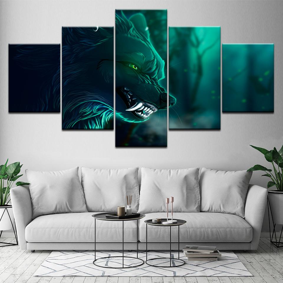 Green eyes wolf animal 5 Piece Wall Art Canvas Print modern Poster Modular art painting for Living Room Home Decor