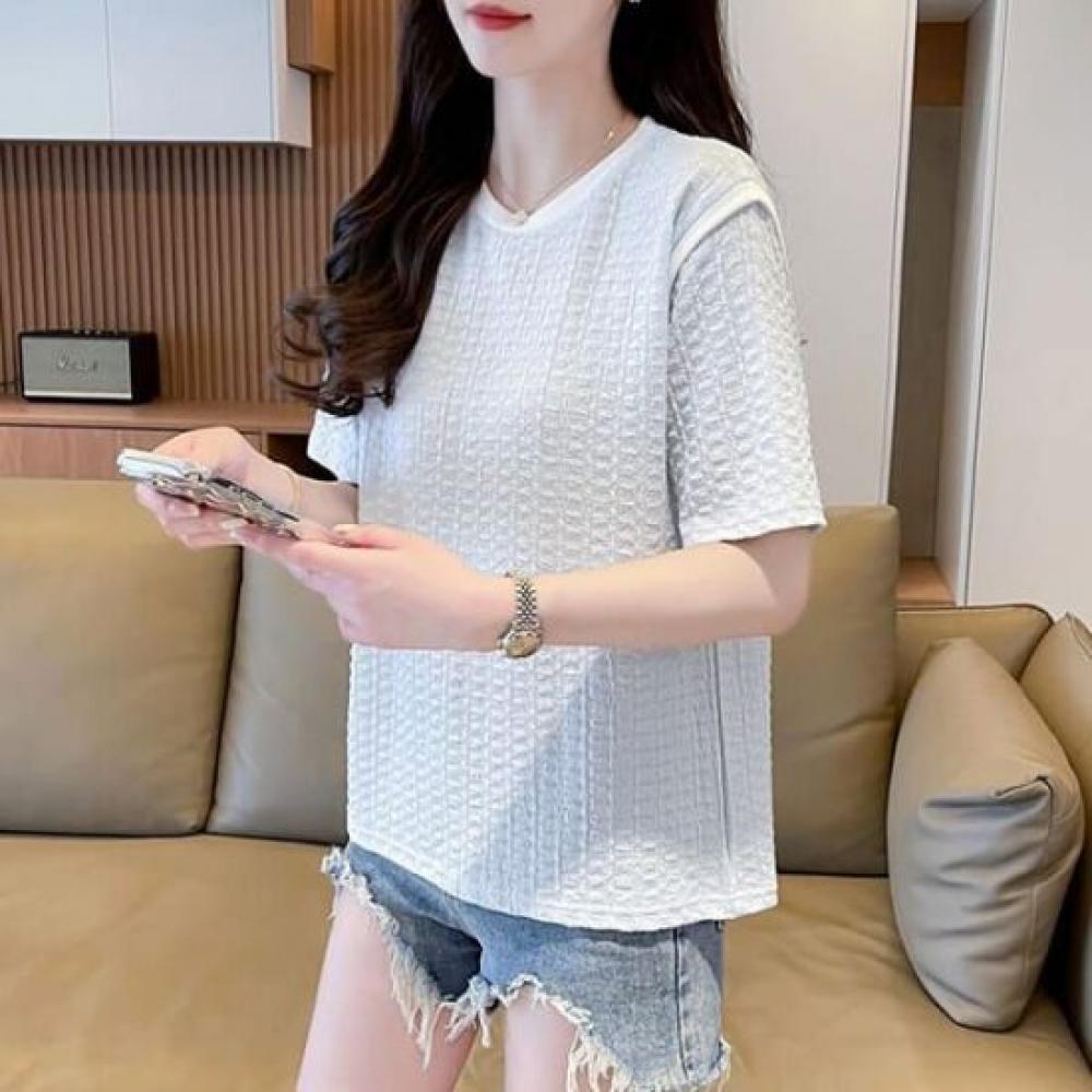 Navava Women Waffle TexTure Color Block Line ShorT Sleeve T shirT nT2579