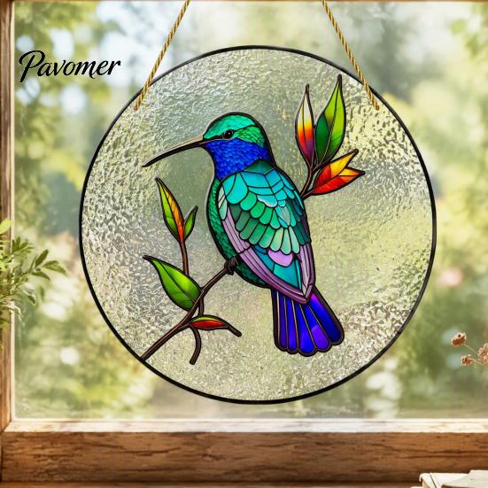 Natural Atmosphere Wall Decor Colorful Hummingbird Hanging Decoration, Stained Acrylic Suncatcher for Window Translucent Art Piece Decor, Decorative