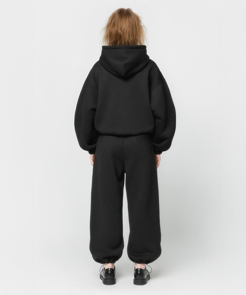 [Set] Small Slow And Soft String Oversized Hoodie + One-Pleat String Pants - Black