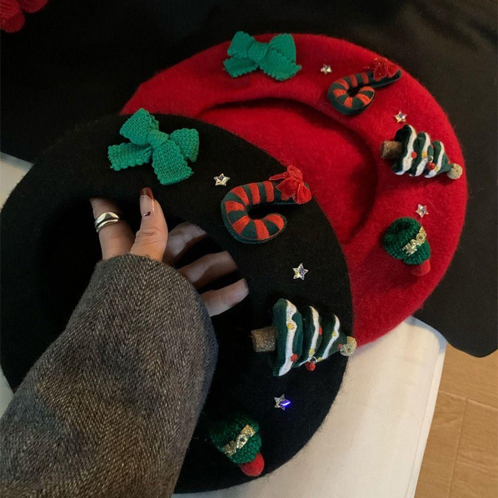 Red Green Christmas Beret Cap Sweet Xmas Painter Hat Fashion Christmas Beret Hat  Women