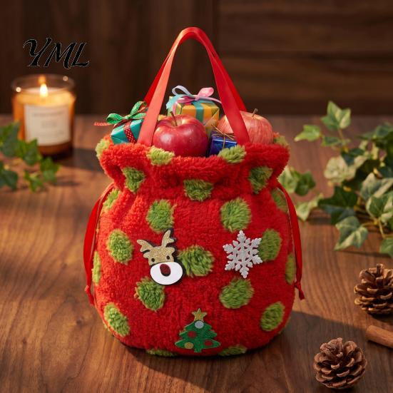 Fluffy Candy Apples Containers Christmas Plush Gift Bag with Drawstring, Soft Santa Sack for Bags Presents, Reusable Holiday Wrapping Pouch Xmas Party